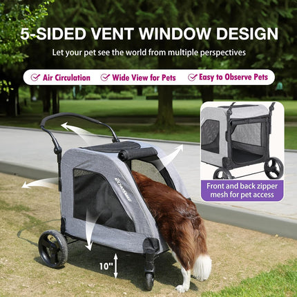 EchoSmile Dog Pram for Medium and Large Dogs up to 70 kg, Foldable Dog Buggy with Mesh Windows, Adjustable Handle and 4 Off-Road Wheels, Grey