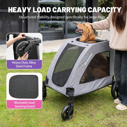 EchoSmile Dog Pram for Medium and Large Dogs up to 70 kg, Foldable Dog Buggy with Mesh Windows, Adjustable Handle and 4 Off-Road Wheels, Grey
