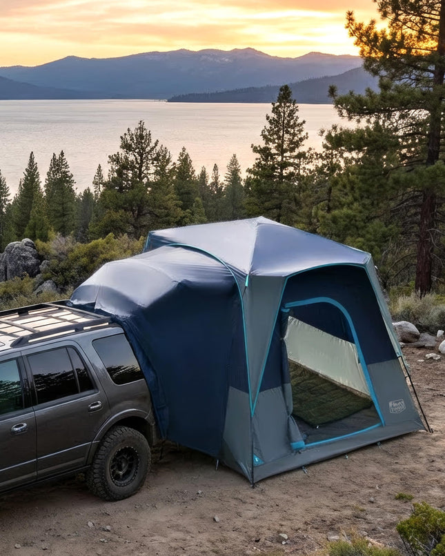 TIMBER RIDGE 5 Person UV Tent with Film Screen Weather Resistant Portable for Car, SUV, Van, Camping, Includes Rain Cover and Storage Bag, 3M W x 20cm L x 18cm H | 2000 mm Wasserdicht Camping Zelt SUV für Wohnwagen Familie Reise 305cmx245cm