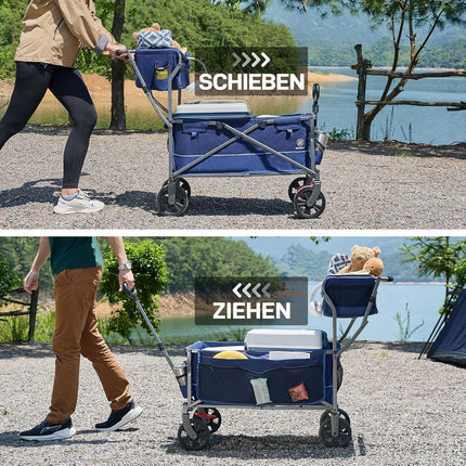 EVER ADVANCED Bollerwagen faltbar schieben&ziehen mit Bremse Einkaufskorb Getränkhalter Seitentasche Handwagen klappbar Strandwagen bis 120kg Faltwagen Transportwagen für Camping